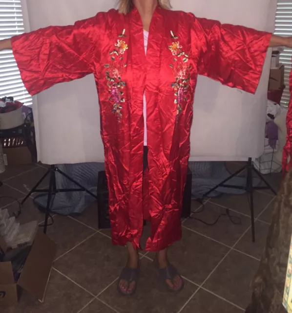 Vintage Red Floral Silk Hand Embroidered Kimono Robe  -  1980s