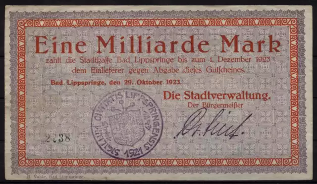 [17390] - NOTGELD BAD LIPPSPRINGE, Stadt, 1 Milliarde Mark, 20.10.1923, Keller 3