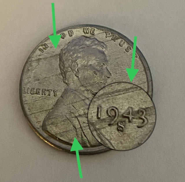 1943S US 1c Lincoln Steel Wheat Penny, Mintmark close to date,striped obv