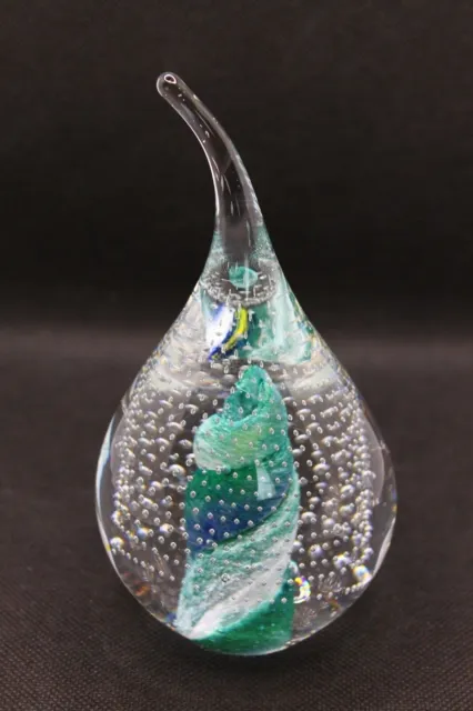 Vintage Teardrop Bullicante Art Glass Paperweight Blue Green Signed FIC Bubbles