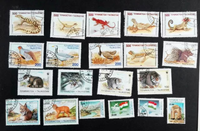 Lot timbres Tadjikistan animaux, chats lézards oiseaux y621