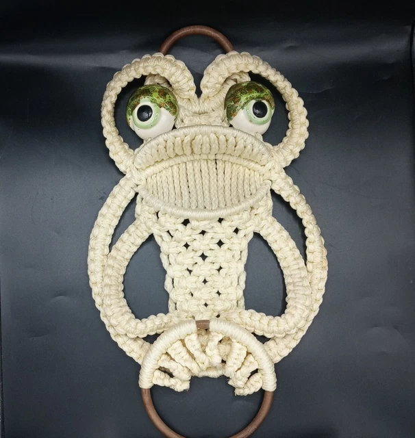 VTG 1970's Macrame Frog Wall Art Towel Holder Large Ceramic Bead Eye Retro Boho