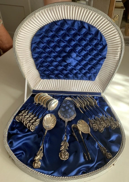 Echt Silber  800er  Kaffee-  Besteck 16 Teilig  Rosenmuster inkl. Box