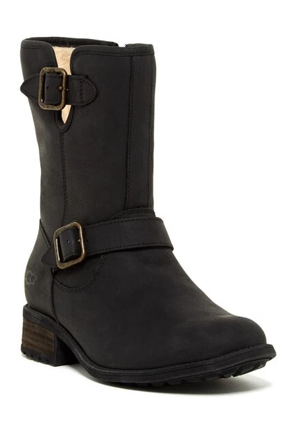UGG AUSTRALIA CHANEY Black Leather Biker Boots Uk 5.5 Eur 38 Usa