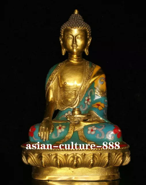 8.4" Tibet Buddhism Cloisonne Enamel Bronze Shakyamuni Amitabha Buddha Statue