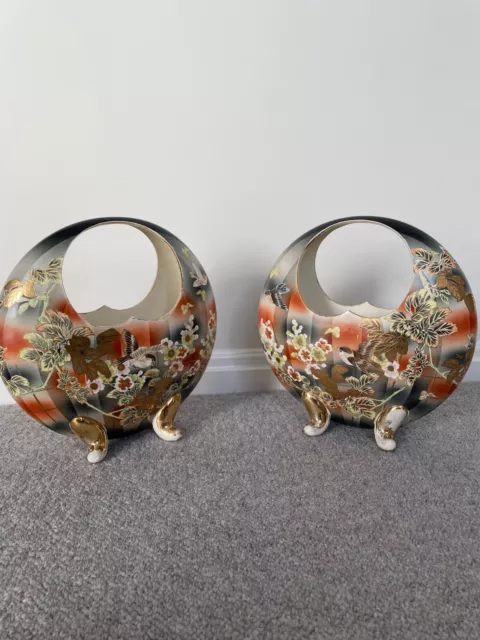 Antique Porcelain Moon Basket Vase Hand Painted With Gold Trim Birds Pair