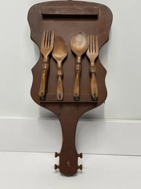 Vintage Wooden Wall Hanging Guitar Silverware Hooks, Hand carved, Forks, Spoons
