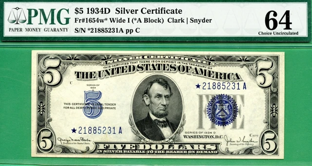 **** STAR **** 1934D $5 SC **** PMG CU 64 **** Fr 1654w* Wide I **** STAR ****