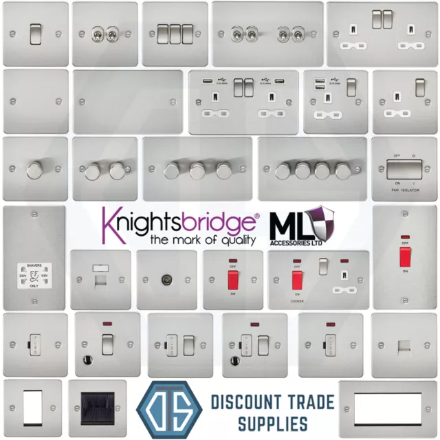 Knightsbridge Brushed Chrome Screwed Flat Plate Switches & Sockets Satin White