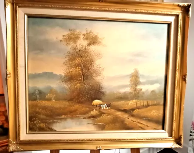 Large  vintage oil painting on canvas landscape framed signed