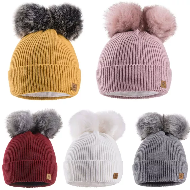 Kids Winter Beanie Hat Girls Boys Children Knitted Hats Warm Double Pom Pom