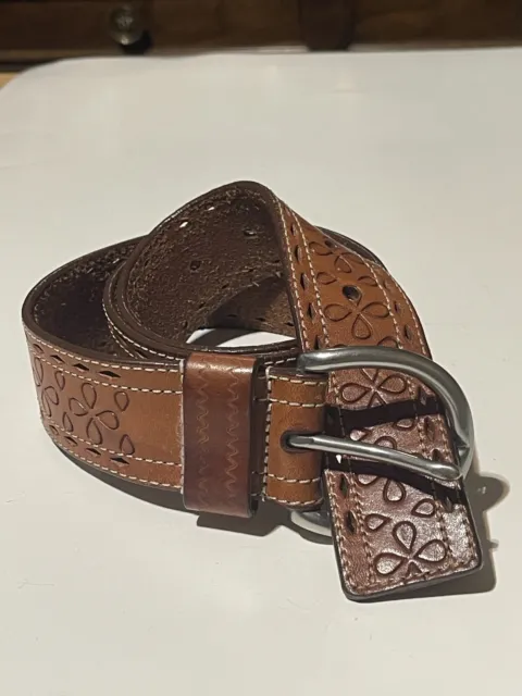 LAUREN RALPH LAUREN Genuine Leather Tooled Belt Silver Buckle Vintage Western