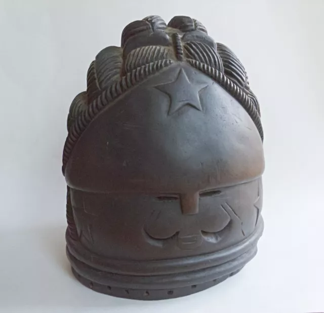 African Helmet Mask Carved Face Stars Plait Hair Wood Africa Tribal Art