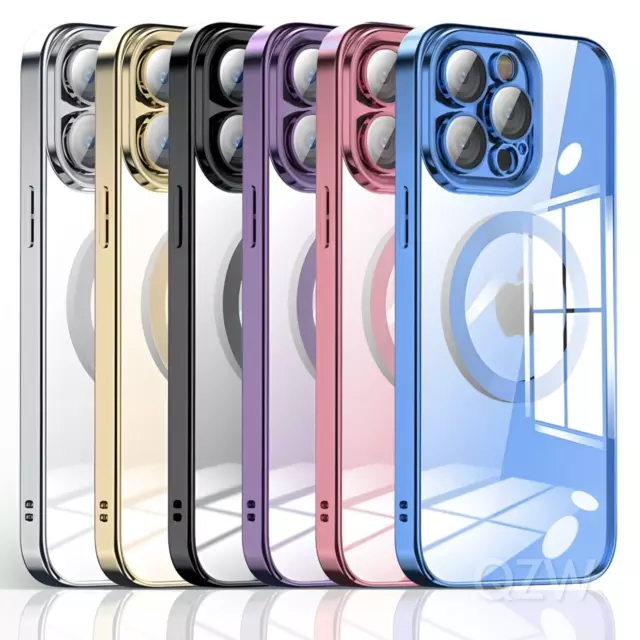 For Apple iPhone 15 14 13 12 11 Pro Max Clear Case Slim Plating Mag Safe Cover