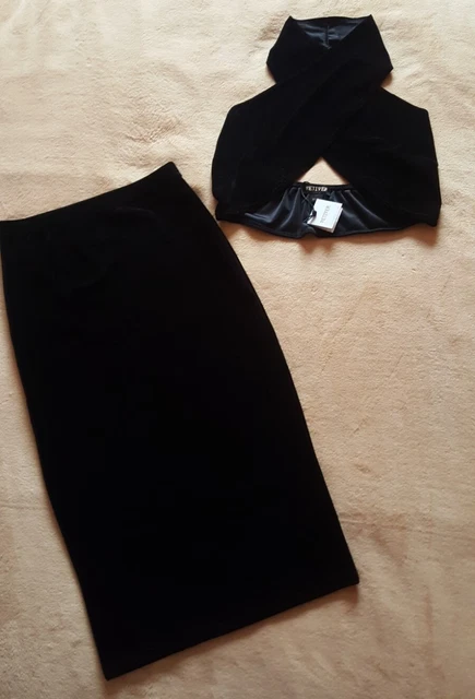 VETIVER Lovely Ladies Girls Black Velour Pencil Skirt & Halter Neck Top Sz UK6-8