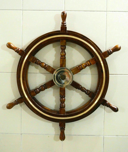 24& BRASS NAUTICAL Marine Wooden Steering Hanging Ship Wheel Maritime