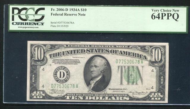 Fr. 2006-D 1934-A $10 Frn Federal Reserve Note Cleveland, Oh Pcgs Unc-64Ppq