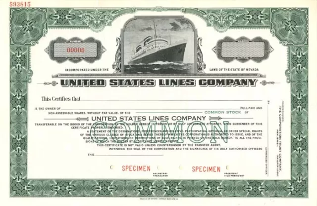 United States Lines Co. - Specimen Shipping Stock Certificate - Shipping Stocks