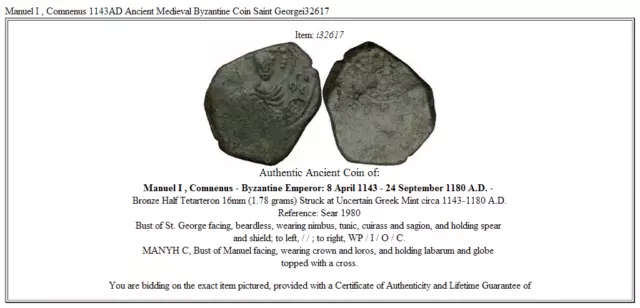 Manuel I , Comnenus 1143AD Ancient Medieval Byzantine Coin Saint Georgei32617 3