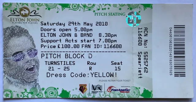 Elton John Original Used Concert Ticket Vicarage Road Stadium Watford 29th May 2