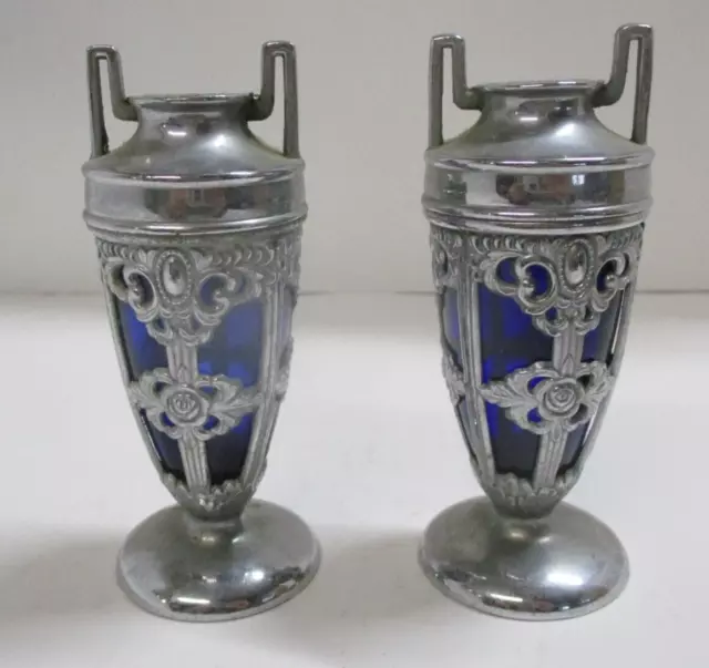 Pair of Vintage Cobalt Blue Glass and Silvertone Metal Salt and Pepper Shakers