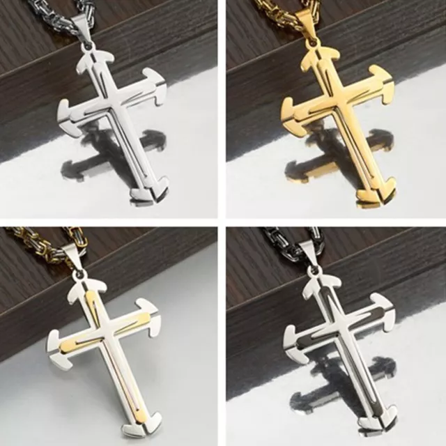 Men's Cross Pendant Necklace Gold Black Silver Stainless Steel Byzantine Chain