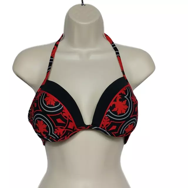 Stylus Halter Bikini Swimsuit Top Med Black Red Geometric Padded Underwire