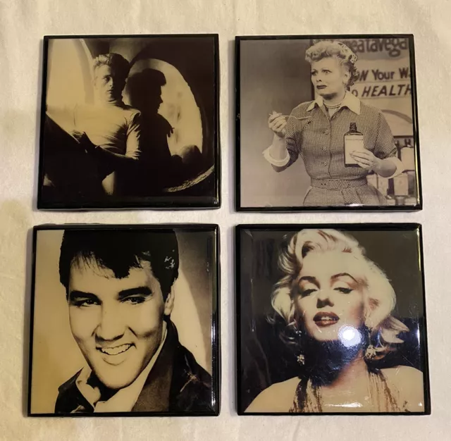 Hand Made Tiles/Coasters Lucille, Elvis, Marilyn, James- Lamosa Mexico Lot of 4