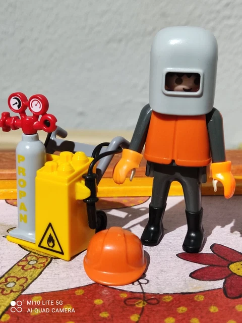 PLAYMOBIL FIGURINE D'OUVRIER du bâtiment avec boîte à outils chargé de