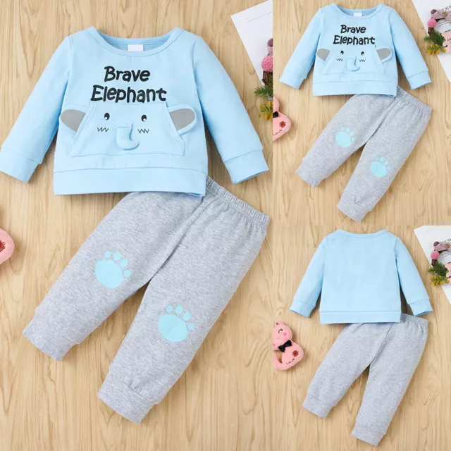 Newborn Baby Boys Elephant Long Sleeve Tops Pants Casual Outfits Clothes Set