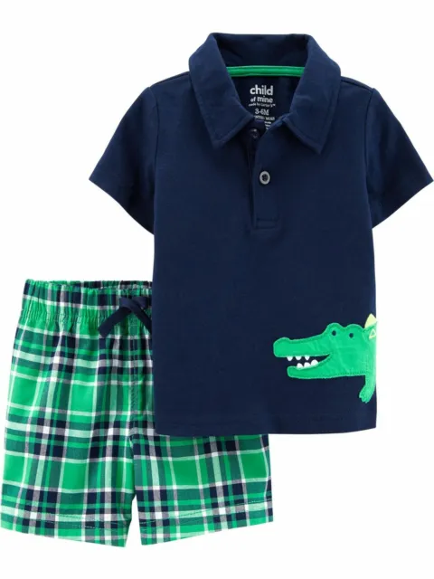 Carters Infant Boys Baby Outfit Blue Gator Polo Shirt & Plaid Shorts Set