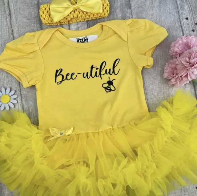 BABY GIRL YELLOW TUTU ROMPER, Newborn Dress Black Glitter Bee-uitful