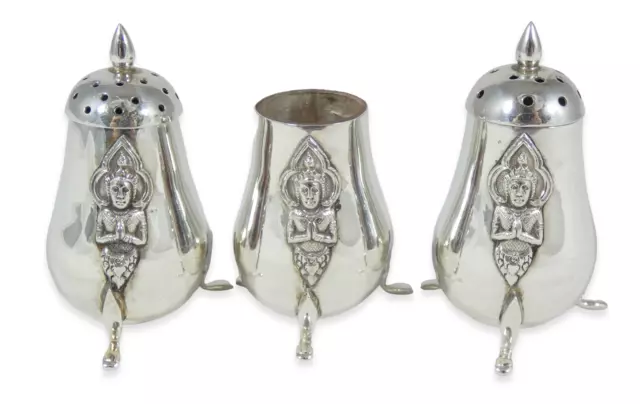 Antique Vintage Thailand Sterling Silver Goddess 3p Cruet Set Salt Pepper Shaker