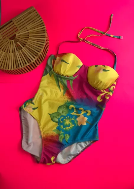 80s Vintage Pink Blue Yellow Strapless Halter Swimsuit by Just U by Niba