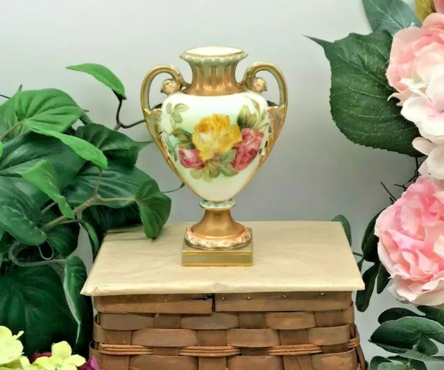 Antique Royal Worcester England Porcelain Urn Style Roses 5 5/8" Vase 1901