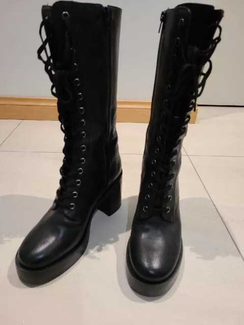 Tony Bianco Black, Size 9 Knee High/Calf Heeled Boots, Lace up front & side zip