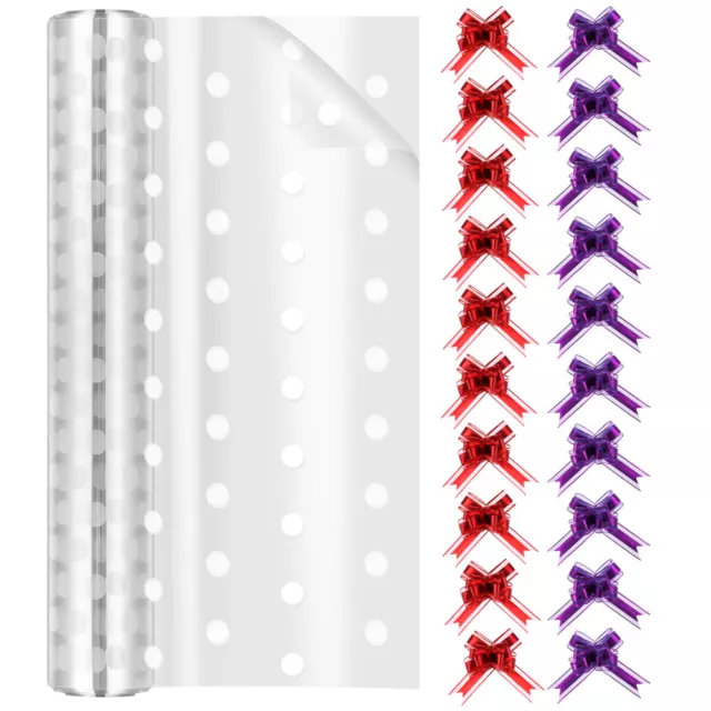 Clear Cellophane Roll with White Dots Pattern and Ribbons for Gift-QP