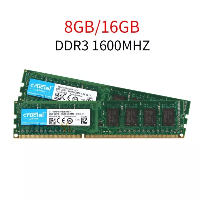 Barrette Mémoire RAM Crucial 8GB DDR3 1600MHz PC3-12800U - Neuf - Pour PC Fixe