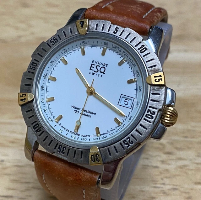Orologio ESQ MOVADO da uomo 100 m lunetta girevole in pelle quarzo svizzero~data~batteria nuova