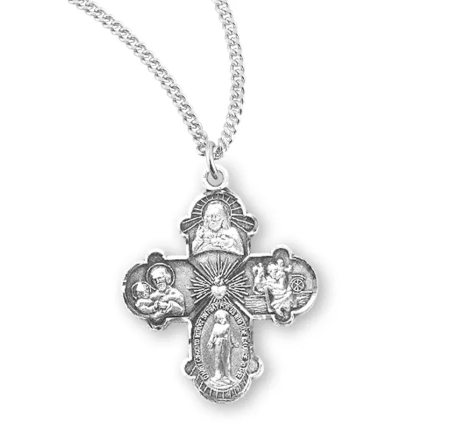 Sterling Silver Engraved 4-Way Medal Catholic Religious Pendant Necklace