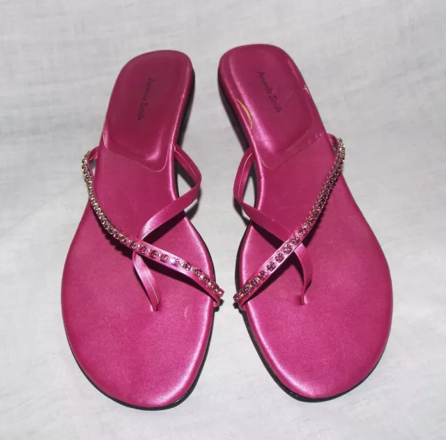 AMANDA SMITH Fuschia Pink Rhinestone Cross Toe Sandal Heeled Shoes 10 M