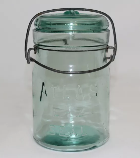 Vintage Atlas E-Z Seal Glass Quart Canning Jar w/ Glass Lid & Wire Bale