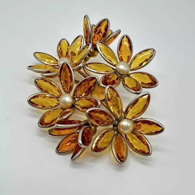 Vintage Roger Jean-Pierre 1950’s Faux Citrine Crystal Pearl Flower Brooch READ