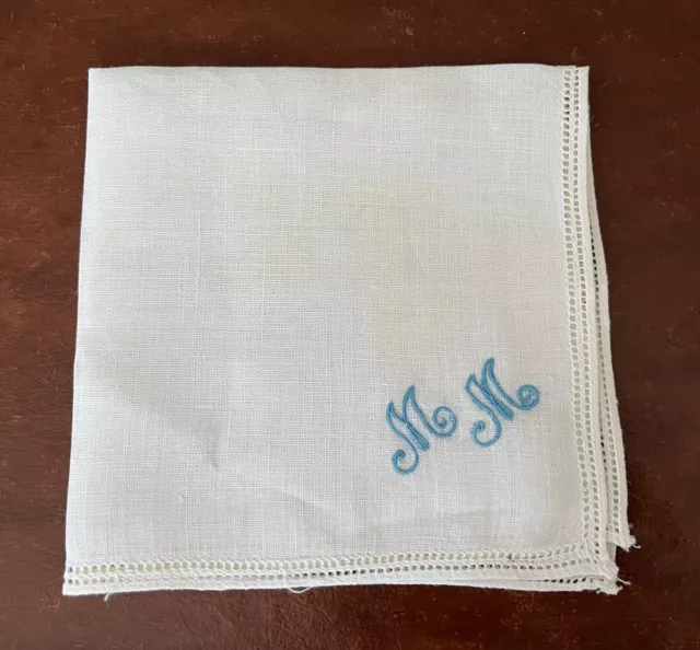 NOS Vintage Irish Linen Hankie Hand Embroidered Monogram Initials M M w/ Tag