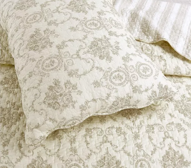 FRENCH IVORY MEDALLION Queen QUILT SET: COZY COTTON TOILE STRIPE SHABBY FLORAL