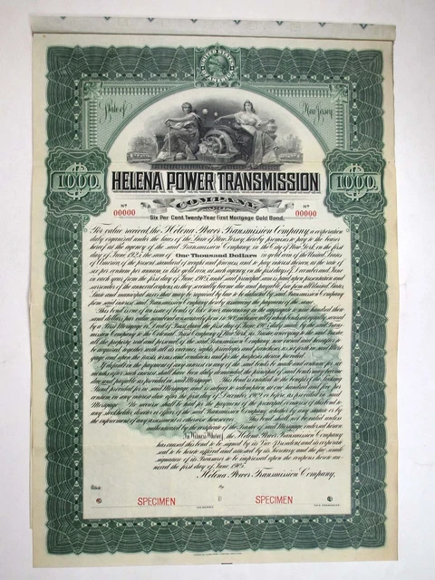 NJ. Helena Power Transmission Co., 1905. $1000 Specimen 6% Coupon Bond, Fine-VF