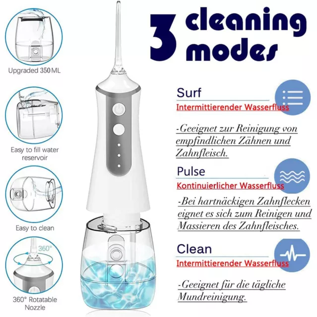 350ML Elektrische Munddusche Kabellos Oral Wasser Flosser 3 Modi Mit 5 Düsen USB 3