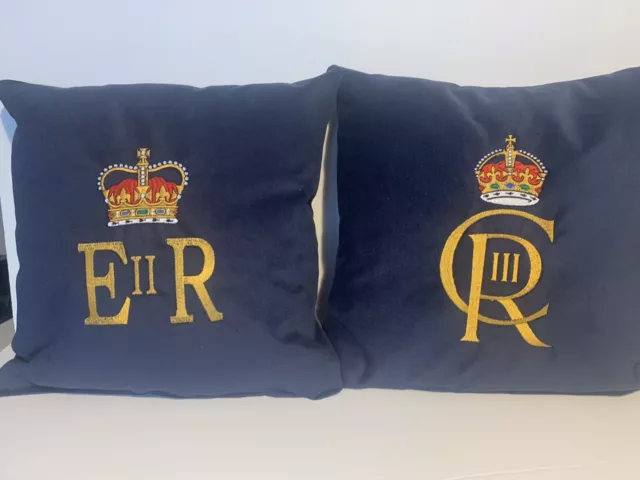 King Charles III  & Queen Elizabeth II Handmade Velvet Cushion Fully Embroidered
