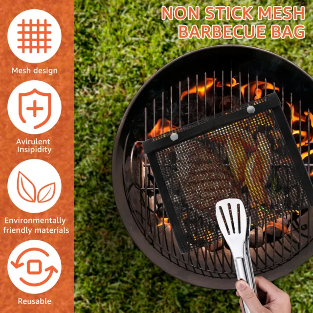 2Pcs Grilling Bags Non-Stick BBQ Mesh Grill Bags with Snap Button Reusable  GT