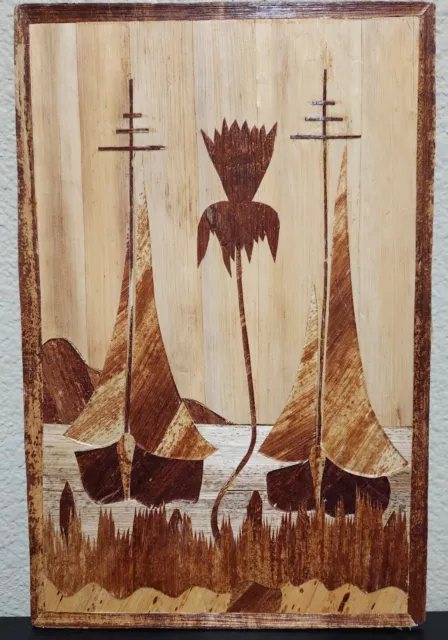 Vintage Wood Carving Cut Out Folk Art Painted Sail Boats Shoreline Palm Tree